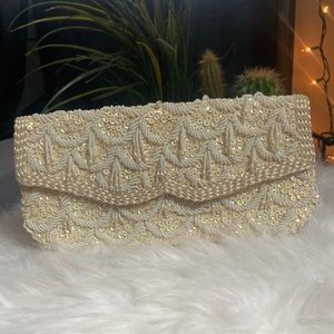 Vintage Hand Beaded Ivory Sequin Clutch